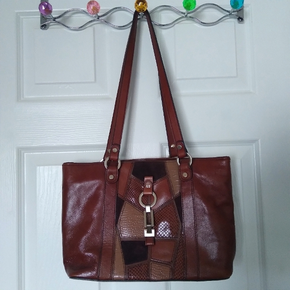 Etienne Aigner brown leather handbag with embossed patches